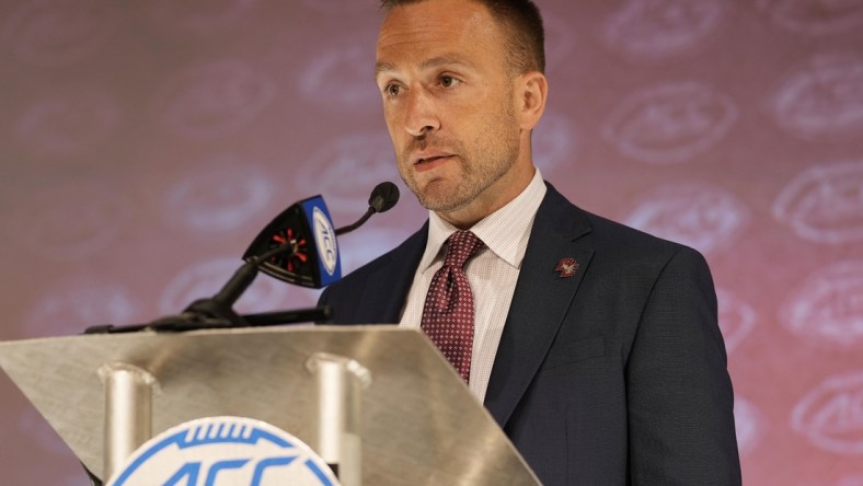 Jul 22, 2021; Charlotte, NC, USA;  Boston College Eagles  coach Jeff Hafley speaks to the media during the ACC Kickoff at The Westin Charlotte. Mandatory Credit: Jim Dedmon-USA TODAY Sports