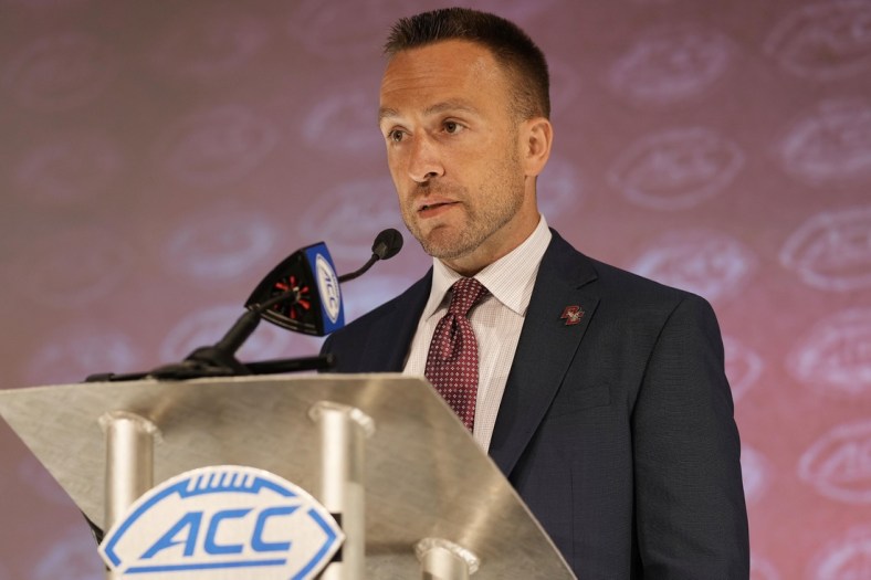 Jul 22, 2021; Charlotte, NC, USA;  Boston College Eagles  coach Jeff Hafley speaks to the media during the ACC Kickoff at The Westin Charlotte. Mandatory Credit: Jim Dedmon-USA TODAY Sports