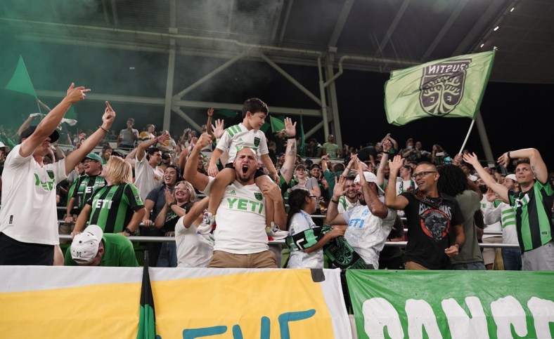 Jul 22, 2021; Austin, TX, Austin, TX, USA; Austin FC fans celebrate a goal before it was disallowed due to a penalty call in the second half against Seattle Sounders FC at Q2 Stadium. Mandatory Credit: Scott Wachter-USA TODAY Sports
