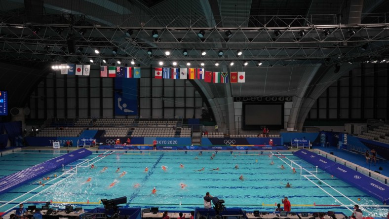 Jul 23, 2021; Tokyo, Japan; A general view of the Tatsumi Water Polo Centre, the site for water polo competition at the Tokyo 2020 Summer Olympic Games. Mandatory Credit: Kirby Lee-USA TODAY Sports