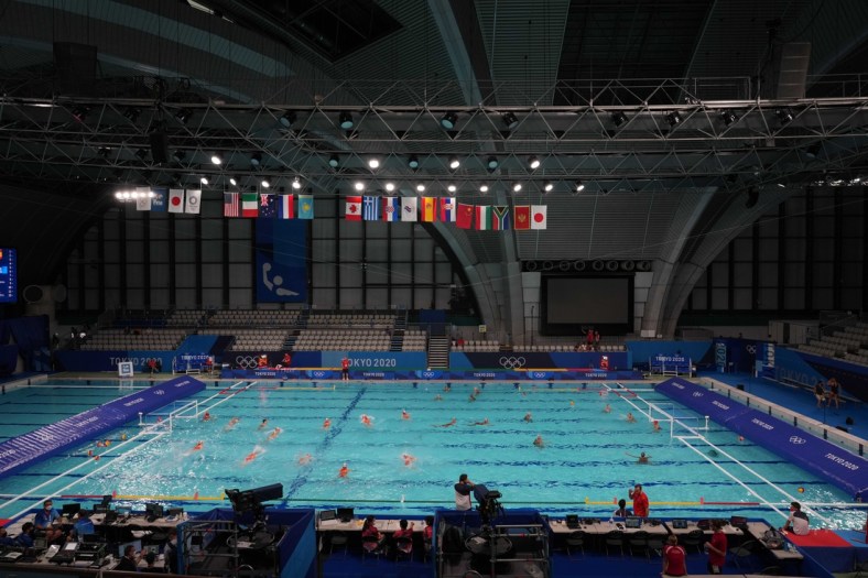 Jul 23, 2021; Tokyo, Japan; A general view of the Tatsumi Water Polo Centre, the site for water polo competition at the Tokyo 2020 Summer Olympic Games. Mandatory Credit: Kirby Lee-USA TODAY Sports