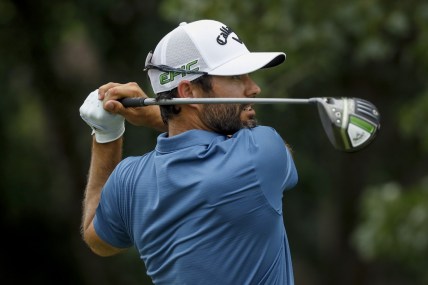 Jul 23, 2021; Blaine, Minnesota, USA; Adam Hadwin hits on the 5th tee during the second round of the 3M Open golf tournament. Mandatory Credit: Bruce Kluckhohn-USA TODAY Sports