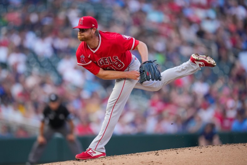 Jul 23, 2021; Minneapolis, Minnesota, USA; Los Angeles Angels starting pitcher Alex Cobb (38) pitches against the Minnesota Twins in the first inning at Target Field. Mandatory Credit: Brad Rempel-USA TODAY Sports
