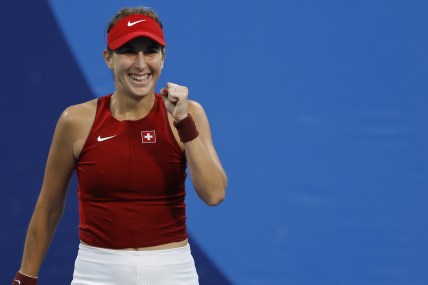 Jul 24, 2021; Tokyo, Japan; Belinda Bencic of Switzerland celebrates after match point against Jessica Pegula of the United States (not pictured) in a first round women's singles match during the Tokyo 2020 Olympic Summer Games at Ariake Tennis Park. Mandatory Credit: Geoff Burke-USA TODAY Network