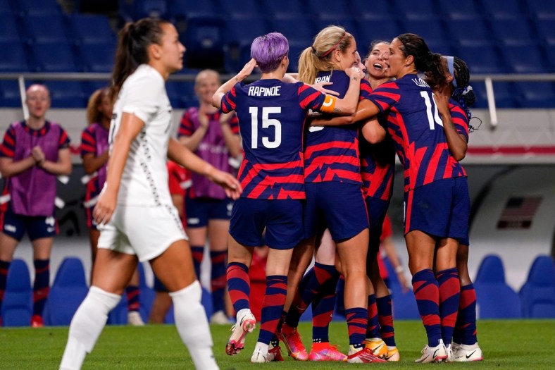 Team USA celebrates a goal by midfielder Rose Lavelle (16) during the first half against New Zealand in group G play during the Tokyo Olympics.

Olympics Football Women Group G Nzl Usa