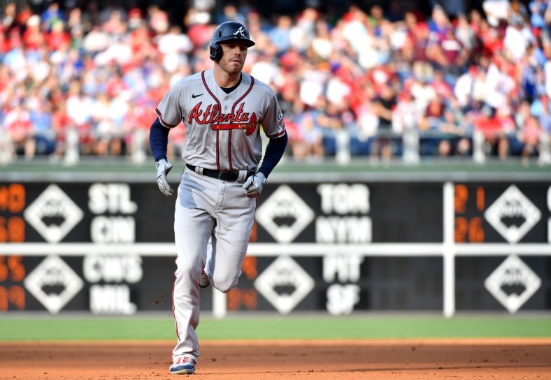 Jul 24, 2021; Philadelphia, Pennsylvania, USA; Atlanta Braves first baseman Freddie Freeman (5) runs the bases after hitting a two run home run during the first inning against the Philadelphia Phillies at Citizens Bank Park. Mandatory Credit: Eric Hartline-USA TODAY Sports