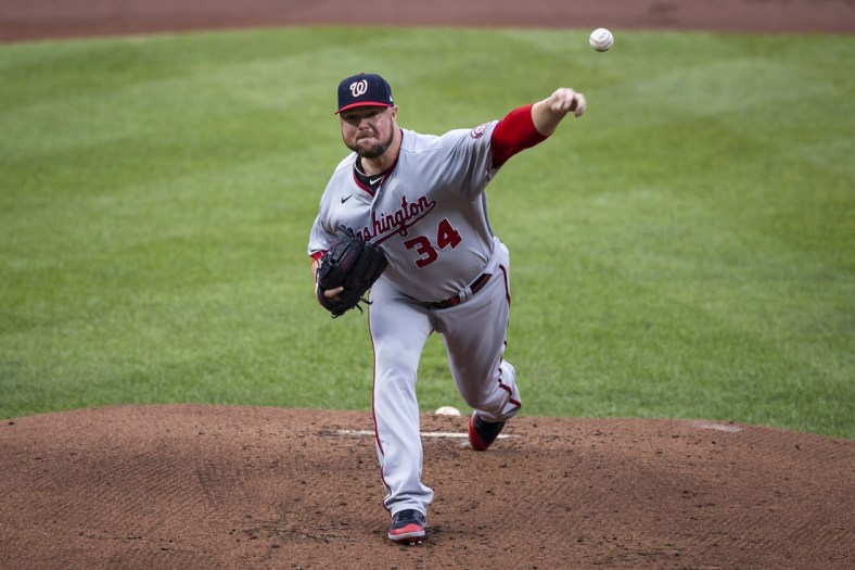 Jul 24, 2021; Baltimore, Maryland, USA; Washington Nationals starting pitcher Jon Lester (34) pitches against the Baltimore Orioles during the first inning at Oriole Park at Camden Yards. Mandatory Credit: Scott Taetsch-USA TODAY Sports