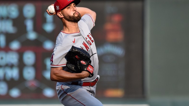 Jul 24, 2021; Minneapolis, Minnesota, USA; Los Angeles Angels starting pitcher Patrick Sandoval (43) throws a pitch during the first inning against the Minnesota Twins at Target Field. Mandatory Credit: Jeffrey Becker-USA TODAY Sports