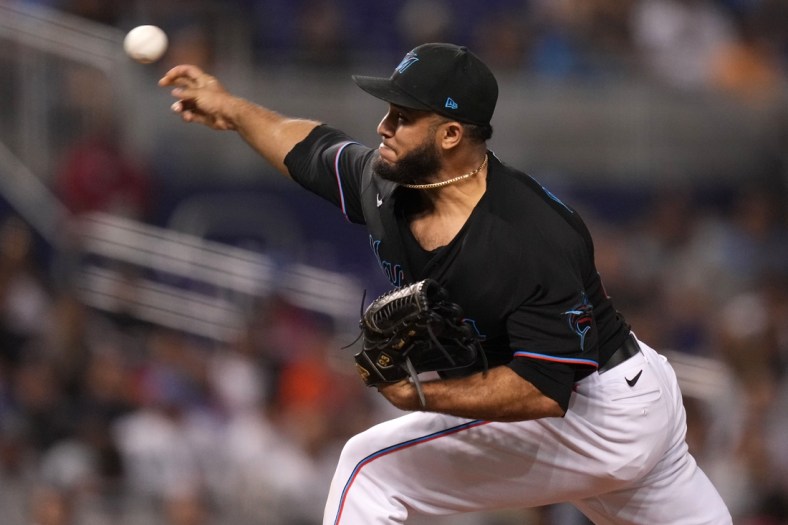 Jul 24, 2021; Miami, Florida, USA; Miami Marlins relief pitcher Yimi Garcia (93) delivers a pitch in the 9th inning against the San Diego Padres at loanDepot park. Mandatory Credit: Jasen Vinlove-USA TODAY Sports