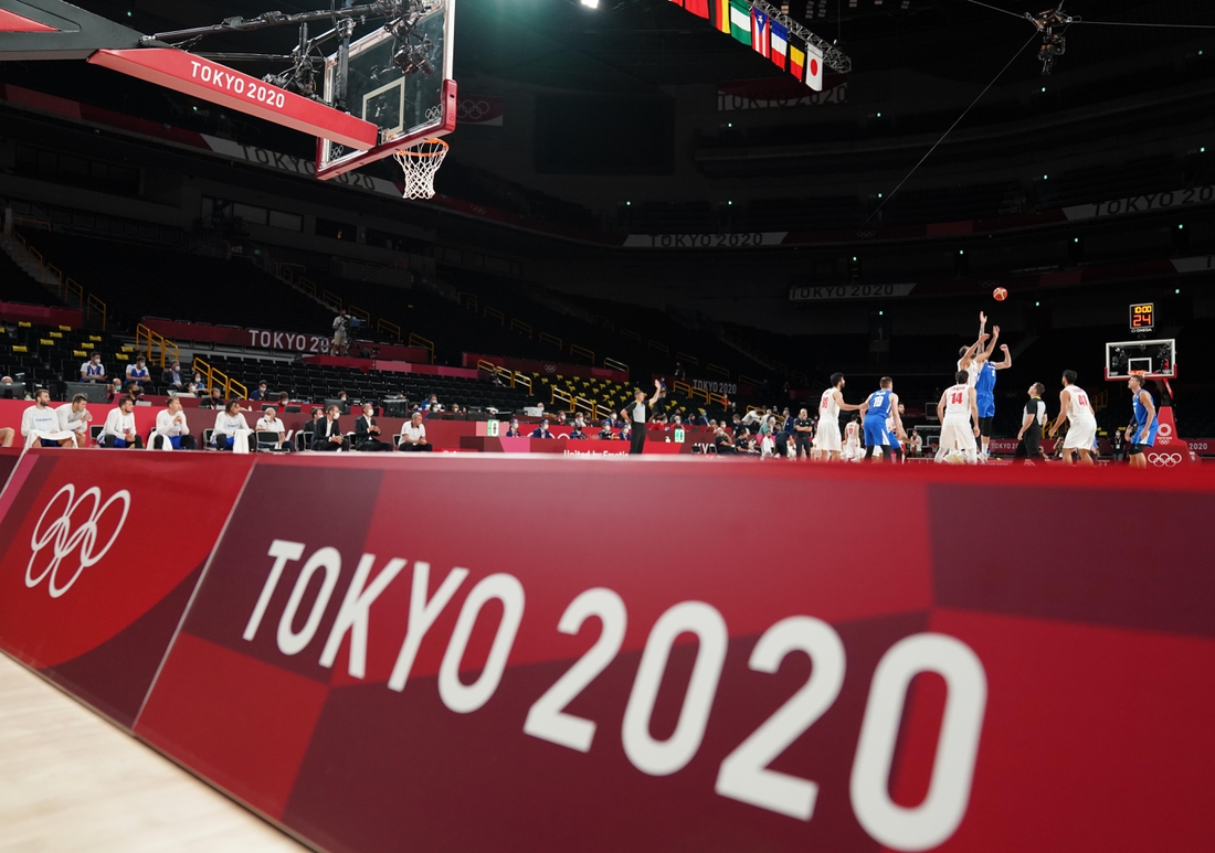 Jul 25, 2021; Saitama, Japan; General view as Iran and Czech Republic tips off during men's basketball Group A play during the Tokyo 2020 Olympic Summer Games at Saitama Super Arena. Mandatory Credit: Kyle Terada-USA TODAY Network