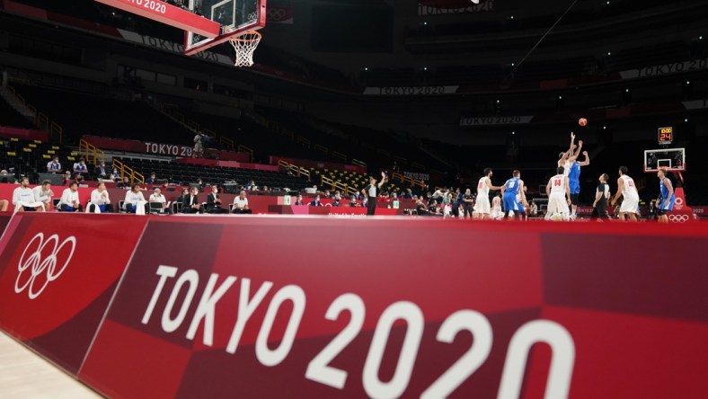 Jul 25, 2021; Saitama, Japan; General view as Iran and Czech Republic tips off during men's basketball Group A play during the Tokyo 2020 Olympic Summer Games at Saitama Super Arena. Mandatory Credit: Kyle Terada-USA TODAY Network