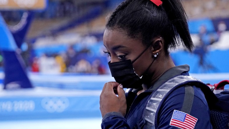 Jul 25, 2021; Tokyo, Japan; Simone Biles (USA) during the womens gymnastics qualifications during the Tokyo 2020 Olympic Summer Games at Ariake Gymnastics Centre. Mandatory Credit: Robert Deutsch-USA TODAY Network