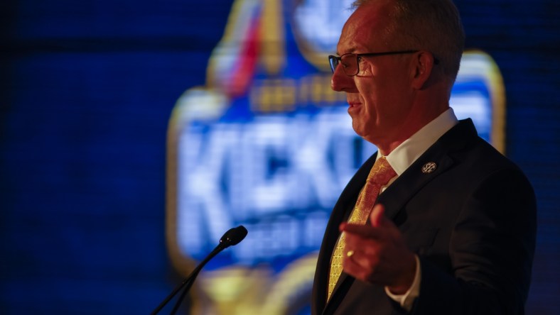 Jul 19, 2021; Hoover, Alabama, USA; SEC commissioner Greg Sankey speaks to the media during SEC Media Days at Hyatt Regency Birmingham. Mandatory Credit: Vasha Hunt-USA TODAY Sports