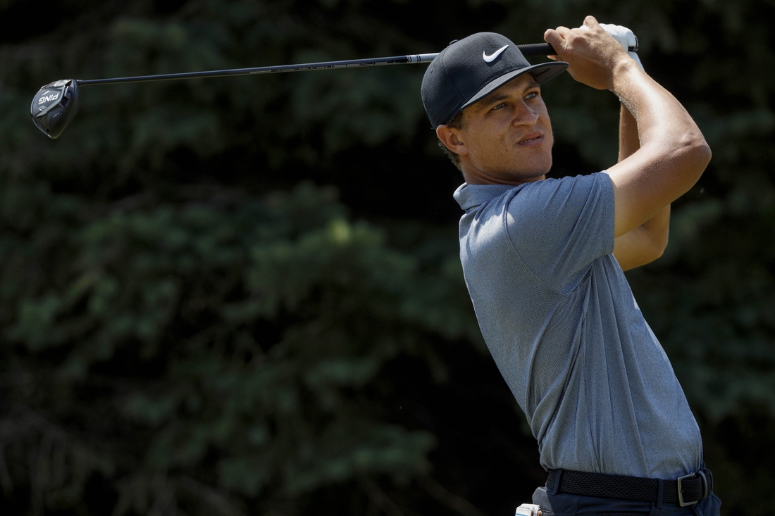 Jul 25, 2021; Blaine, Minnesota, USA; Cameron Champ tees off from the 2nd tee box during the final round of the 3M Open golf tournament. Mandatory Credit: Bruce Kluckhohn-USA TODAY Sports