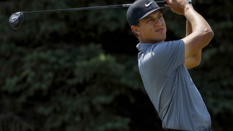 Jul 25, 2021; Blaine, Minnesota, USA; Cameron Champ tees off from the 2nd tee box during the final round of the 3M Open golf tournament. Mandatory Credit: Bruce Kluckhohn-USA TODAY Sports