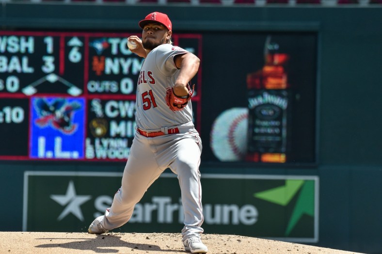 Jul 25, 2021; Minneapolis, Minnesota, USA; Los Angeles Angels starting pitcher Jaime Barria (51) throws a pitch against the Minnesota Twins during the first inning at Target Field. Mandatory Credit: Jeffrey Becker-USA TODAY Sports