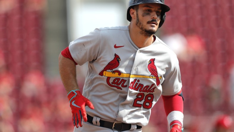 Jul 25, 2021; Cincinnati, Ohio, USA; St. Louis Cardinals third baseman Nolan Arenado (28) runs the bases after hitting a solo home run against the Cincinnati Reds during the ninth inning at Great American Ball Park. Mandatory Credit: David Kohl-USA TODAY Sports