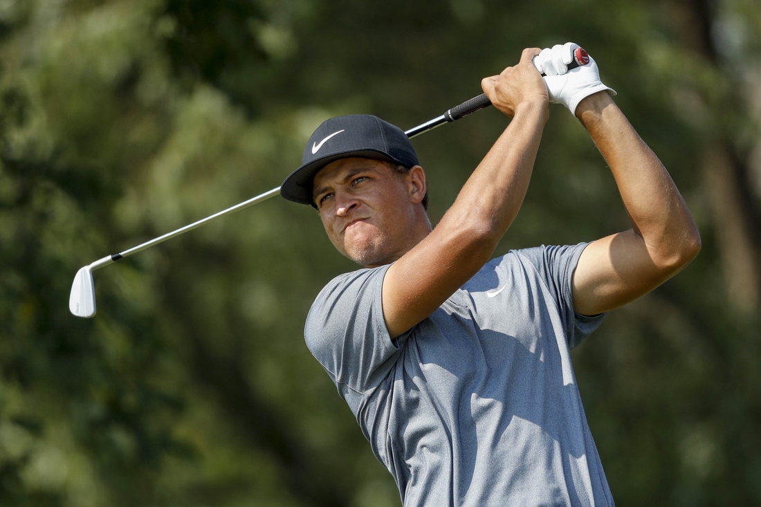 Jul 25, 2021; Blaine, Minnesota, USA; Cameron Champ tees off on the 16th hole during the final round of the 3M Open golf tournament. Mandatory Credit: Bruce Kluckhohn-USA TODAY Sports