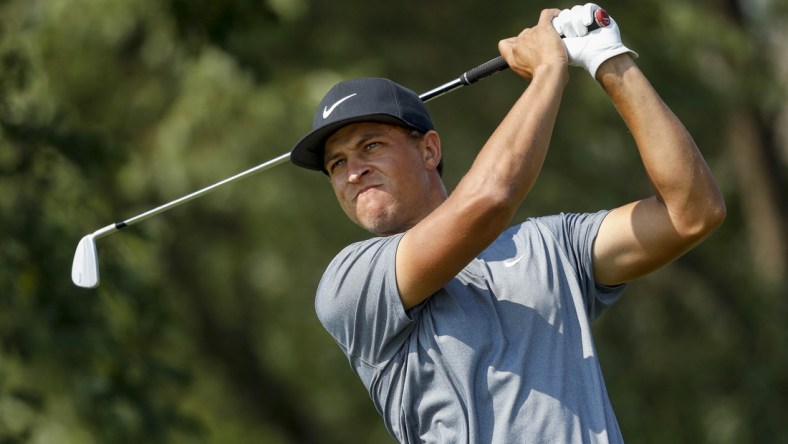 Jul 25, 2021; Blaine, Minnesota, USA; Cameron Champ tees off on the 16th hole during the final round of the 3M Open golf tournament. Mandatory Credit: Bruce Kluckhohn-USA TODAY Sports