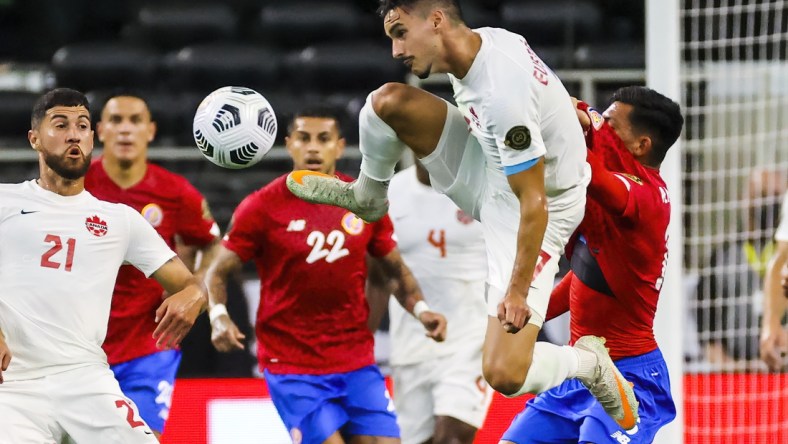 Jul 25, 2021; Arlington, Texas, USA; Canada midfielder Stephen Eustaquio (7) controls the ball against Costa Rica during the first half of a CONCACAF Gold Cup quarterfinal soccer match at AT&T Stadium. Mandatory Credit: Kevin Jairaj-USA TODAY Sports