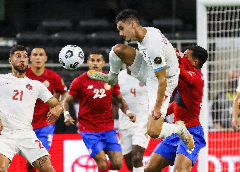 Jul 25, 2021; Arlington, Texas, USA; Canada midfielder Stephen Eustaquio (7) controls the ball against Costa Rica during the first half of a CONCACAF Gold Cup quarterfinal soccer match at AT&T Stadium. Mandatory Credit: Kevin Jairaj-USA TODAY Sports