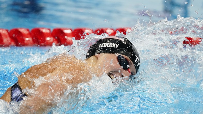 Jul 26, 2021; Tokyo, Japan; Katie Ledecky (USA) in the women's 400m freestyle final during the Tokyo 2020 Olympic Summer Games at Tokyo Aquatics Centre. Mandatory Credit: Rob Schumacher-USA TODAY Sports