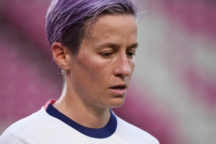 Jul 27, 2021; Ibaraki, Japan; USA player Megan Rapinoe (15) is seen during the second half against Australia during the Tokyo 2020 Olympic Summer Games at Ibaraki Kashima Stadium. Mandatory Credit: Jack Gruber-USA TODAY Sports