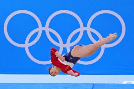 Jul 27, 2021; Tokyo, Japan; Sunisa Lee (USA) competes on the floor in the women's team final during the Tokyo 2020 Olympic Summer Games at Ariake Gymnastics Centre. Mandatory Credit: Robert Deutsch-USA TODAY Sports