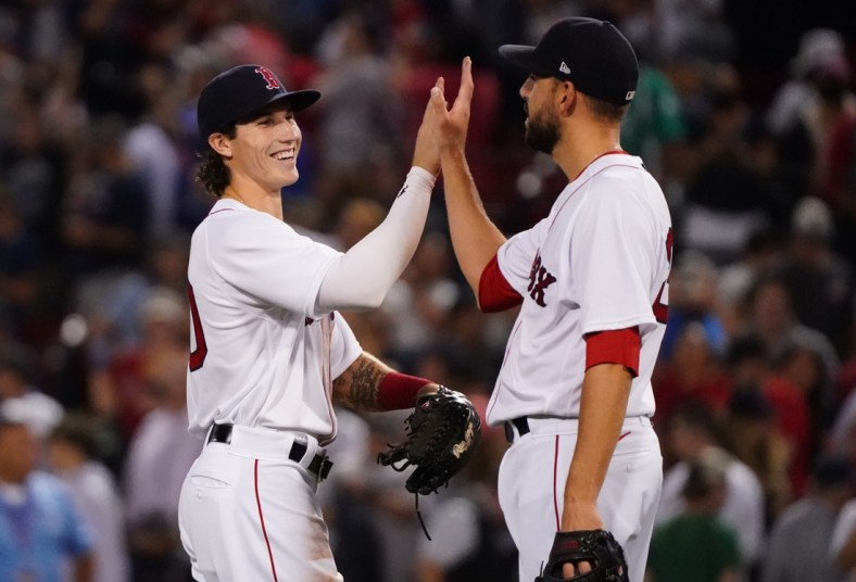 Jul 28, 2021; Boston, Massachusetts, USA; Boston Red Sox center fielder Jarren Duran (40) and relief pitcher Matt Barnes (32) react after defeating the Toronto Blue Jays during game two of a double header at Fenway Park. Mandatory Credit: David Butler II-USA TODAY Sports