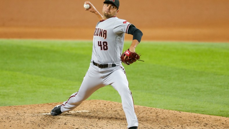 Jul 28, 2021; Arlington, Texas, USA; Arizona Diamondbacks relief pitcher Joakim Soria (48) throws during the eighth inning against the Texas Rangers at Globe Life Field. Mandatory Credit: Andrew Dieb-USA TODAY Sports