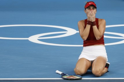 Jul 29, 2021; Tokyo, Japan; Belinda Bencic of Switzerland celebrates after match point against Elena Rybakina of Kazakhstan (not pictured) in a women's singles semifinal during the Tokyo 2020 Olympic Summer Games at Ariake Tennis Park. Mandatory Credit: Geoff Burke-USA TODAY Sports