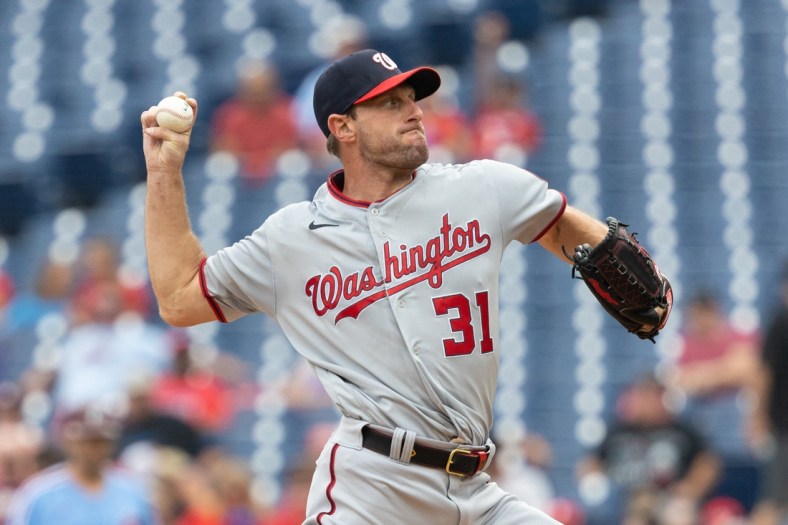 Jul 29, 2021; Philadelphia, Pennsylvania, USA; Washington Nationals starting pitcher Max Scherzer (31) throws a pitch during the first inning against the Philadelphia Phillies at Citizens Bank Park. Mandatory Credit: Bill Streicher-USA TODAY Sports