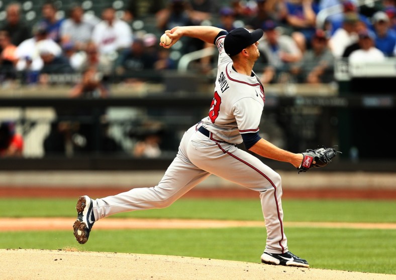 Jul 29, 2021; New York City, New York, USA; Atlanta Braves starting pitcher Drew Smyly (18) pitches against the New York Mets during the first inning at Citi Field. Mandatory Credit: Andy Marlin-USA TODAY Sports