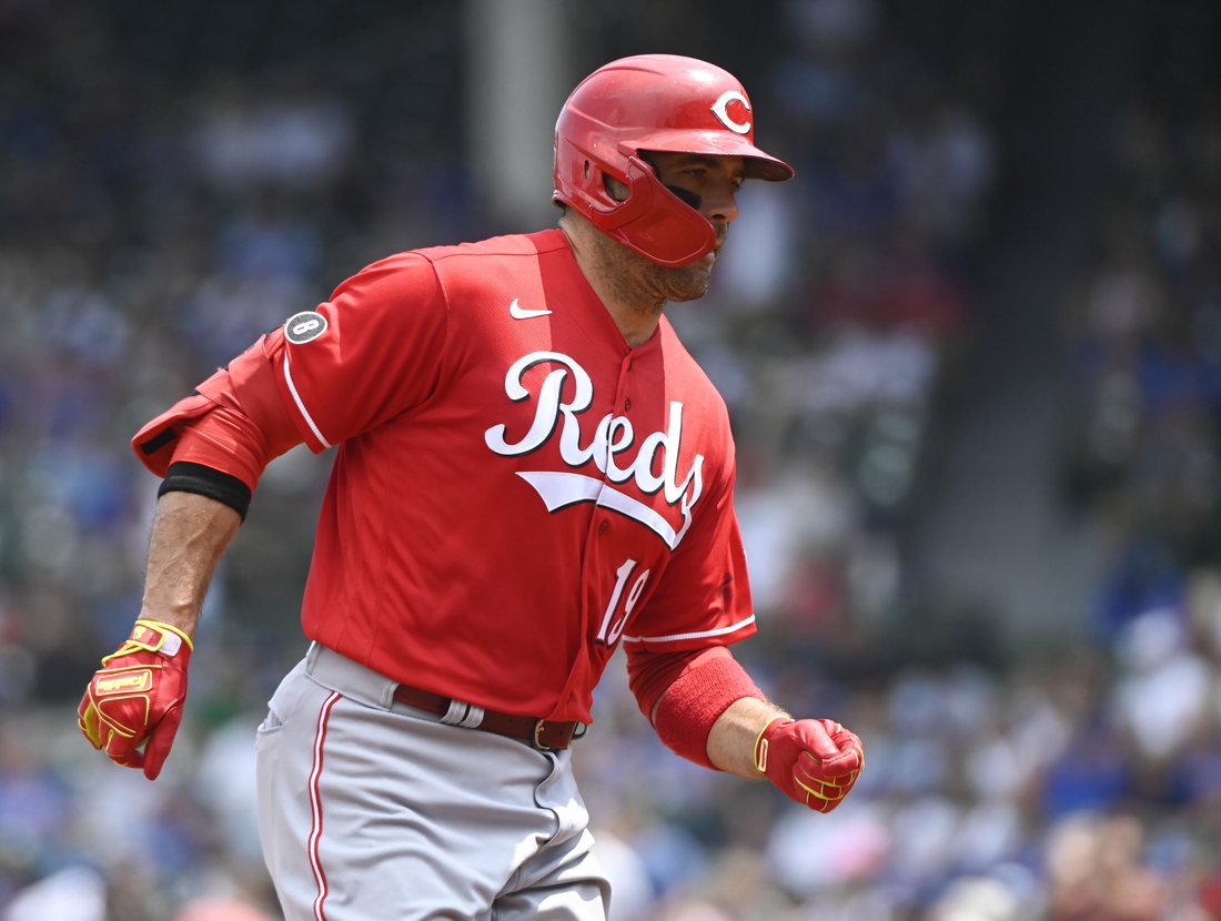 Jul 29, 2021; Chicago, Illinois, USA; Cincinnati Reds first baseman Joey Votto (19) after he hit a two-run home against the Chicago Cubs during the first inning at Wrigley Field. Mandatory Credit: Matt Marton-USA TODAY Sports