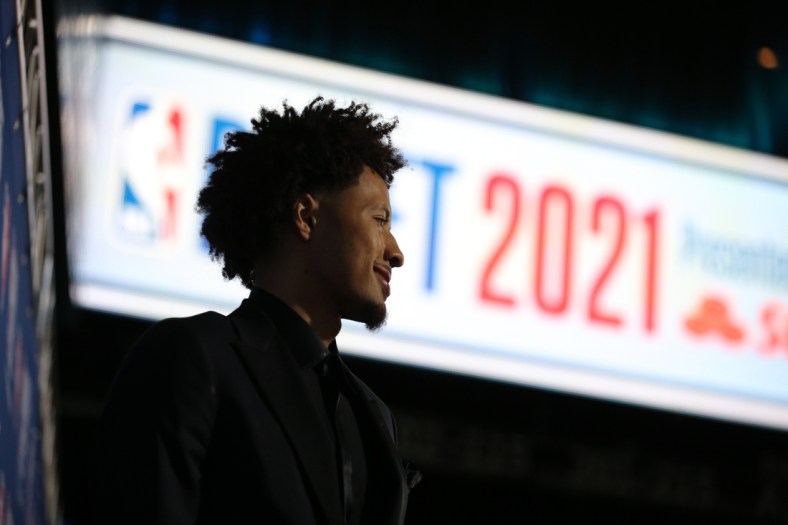 Jul 29, 2021; Brooklyn, New York, USA; Cade Cunningham (Oklahoma State) arrives on the red carpet before the 2021 NBA Draft at Barclays Center. Mandatory Credit: Brad Penner-USA TODAY Sports