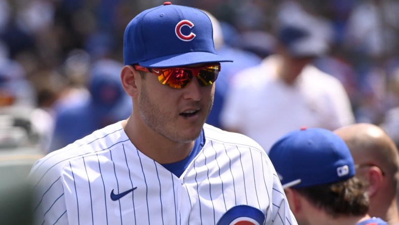 Jul 29, 2021; Chicago, Illinois, USA;  Chicago Cubs first baseman Anthony Rizzo (44) looks on from the dugout during the game against Cincinnati Reds at Wrigley Field. Mandatory Credit: Matt Marton-USA TODAY Sports