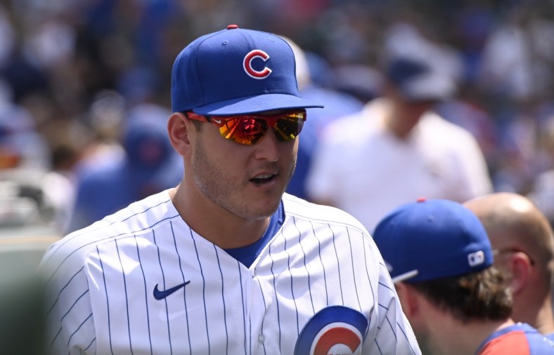 Jul 29, 2021; Chicago, Illinois, USA;  Chicago Cubs first baseman Anthony Rizzo (44) looks on from the dugout during the game against Cincinnati Reds at Wrigley Field. Mandatory Credit: Matt Marton-USA TODAY Sports