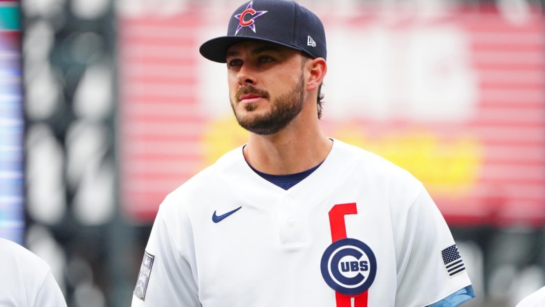 Jul 13, 2021; Denver, Colorado, USA; National League third baseman Kris Bryant of the Chicago Cubs (17) during the 2021 MLB All Star Game at Coors Field. Mandatory Credit: Mark J. Rebilas-USA TODAY Sports