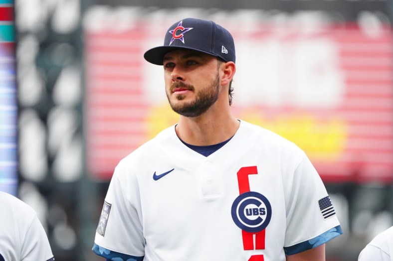 Jul 13, 2021; Denver, Colorado, USA; National League third baseman Kris Bryant of the Chicago Cubs (17) during the 2021 MLB All Star Game at Coors Field. Mandatory Credit: Mark J. Rebilas-USA TODAY Sports