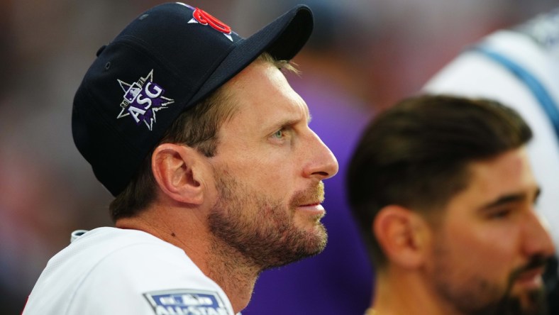 Jul 13, 2021; Denver, Colorado, USA; National League starting pitcher Max Scherzer of the Washington Nationals (31) during the 2021 MLB All Star Game at Coors Field. Mandatory Credit: Mark J. Rebilas-USA TODAY Sports