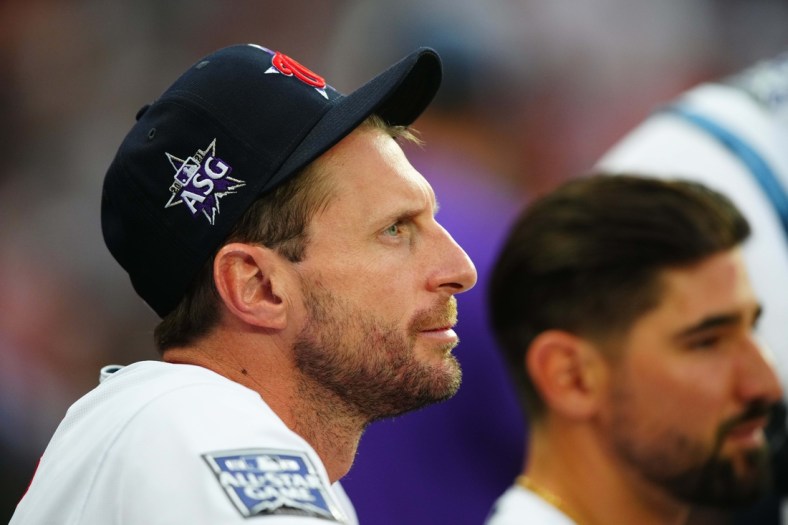 Jul 13, 2021; Denver, Colorado, USA; National League starting pitcher Max Scherzer of the Washington Nationals (31) during the 2021 MLB All Star Game at Coors Field. Mandatory Credit: Mark J. Rebilas-USA TODAY Sports