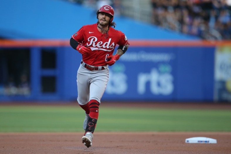 Jul 30, 2021; New York City, New York, USA; Cincinnati Reds second baseman Jonathan India (6) rounds the bases after hitting a solo home run against the New York Mets during the first inning at Citi Field. Mandatory Credit: Brad Penner-USA TODAY Sports