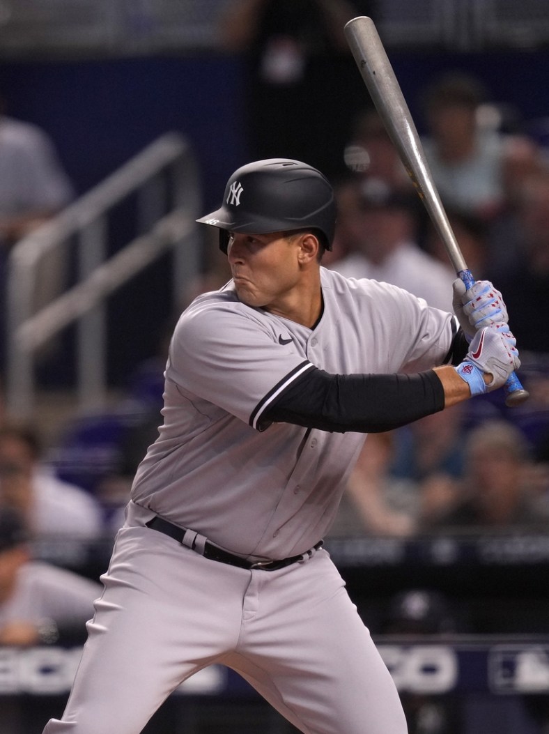 Jul 30, 2021; Miami, Florida, USA; New York Yankees first baseman Anthony Rizzo (48) at bat in the 1st inning against the Miami Marlins at loanDepot park. Mandatory Credit: Jasen Vinlove-USA TODAY Sports
