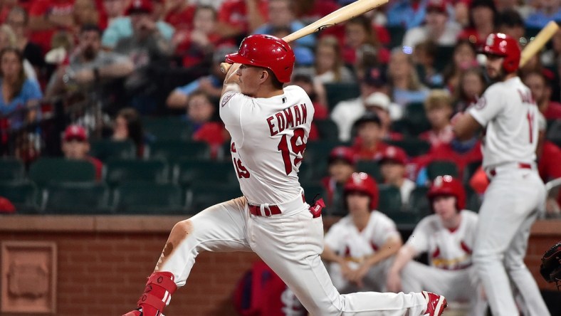 Jul 30, 2021; St. Louis, Missouri, USA;  St. Louis Cardinals second baseman Tommy Edman (19) hits a three run double during the sixth inning against the Minnesota Twins at Busch Stadium. Mandatory Credit: Jeff Curry-USA TODAY Sports