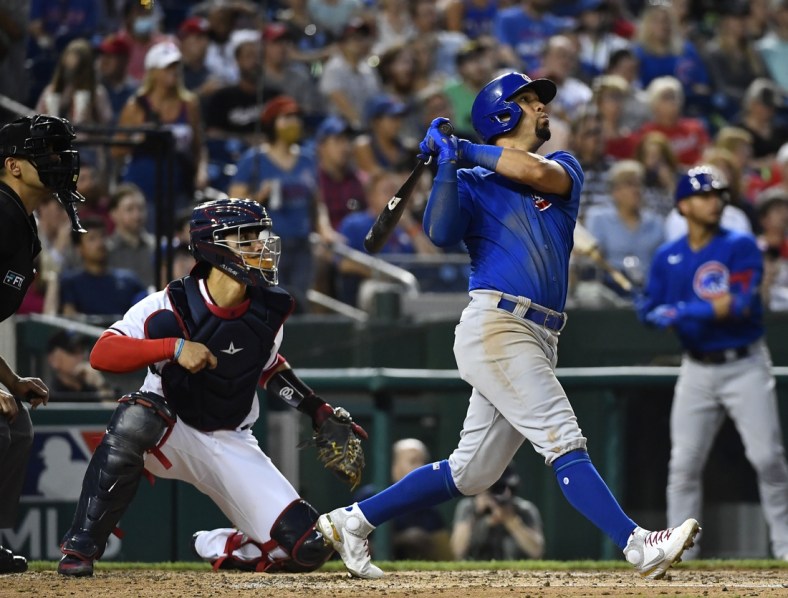Jul 31, 2021; Washington, District of Columbia, USA; Chicago Cubs center fielder Rafael Ortega (66) hits a two run home run against the Washington Nationals during the fourth inning at Nationals Park. Mandatory Credit: Brad Mills-USA TODAY Sports