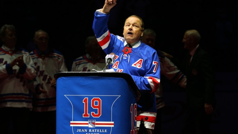 Feb 25, 2018; New York, NY, USA; Former Rangers star Rod Gilbert speaks during a banner raising ceremony for former Ranger star Jean Ratelle before a game between the New York Rangers and Detroit Red Wings at Madison Square Garden. Mandatory Credit: Brad Penner-USA TODAY Sports