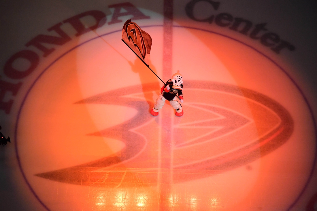 Apr 4, 2018; Anaheim, CA, USA; Anaheim Ducks mascot Wild Wing waves a flag at center ice on the Ducks logo during an  NHL hockey game against the Minnesota Wild at Honda Center. Mandatory Credit: Kirby Lee-USA TODAY Sports