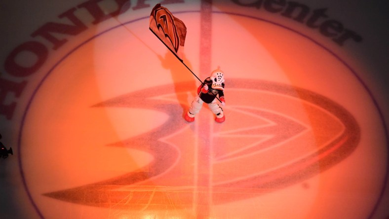 Apr 4, 2018; Anaheim, CA, USA; Anaheim Ducks mascot Wild Wing waves a flag at center ice on the Ducks logo during an  NHL hockey game against the Minnesota Wild at Honda Center. Mandatory Credit: Kirby Lee-USA TODAY Sports