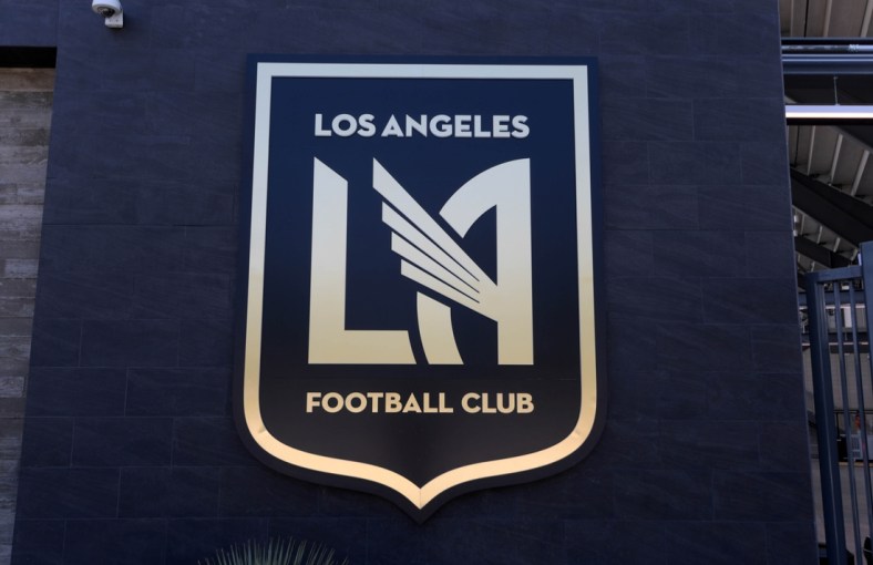 Apr 25, 2018; Los Angeles, CA, USA; Los Angeles Football Club logo at Banc of California Stadium. The venue is the home of the Los Angeles FC of the MLS and is the first open-air stadium built in the City of Los Angeles since 1962. It is constructed on the site of the former Los Angeles Memorial Sports Arena at Exposition Park next to the Los Angeles Memorial Coliseum. Mandatory Credit: Kirby Lee-USA TODAY Sports