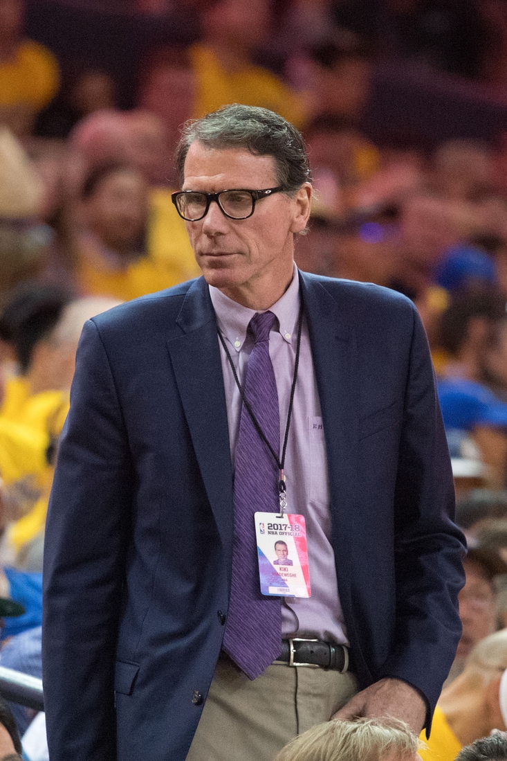 May 1, 2018; Oakland, CA, USA; NBA executive vice president of basketball operations Kiki VanDeWeghe during the third quarter in game two of the second round of the 2018 NBA Playoffs between the Golden State Warriors and the New Orleans Pelicans at Oracle Arena. The Warriors defeated the Pelicans 121-116. Mandatory Credit: Kyle Terada-USA TODAY Sports